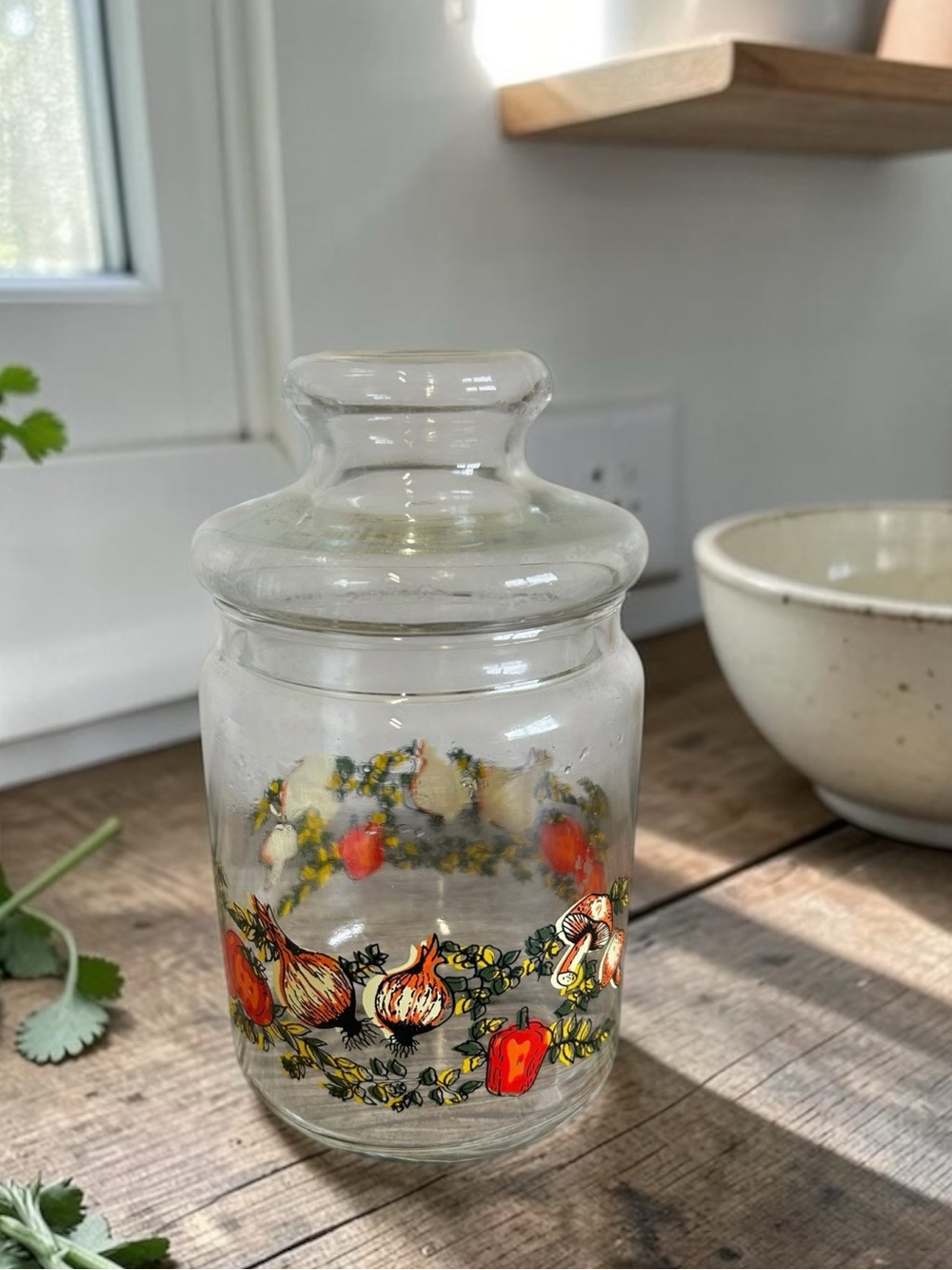 Unmarked Vintage 70s Spice of Life Glass Kitchen Canister Jar & Lid